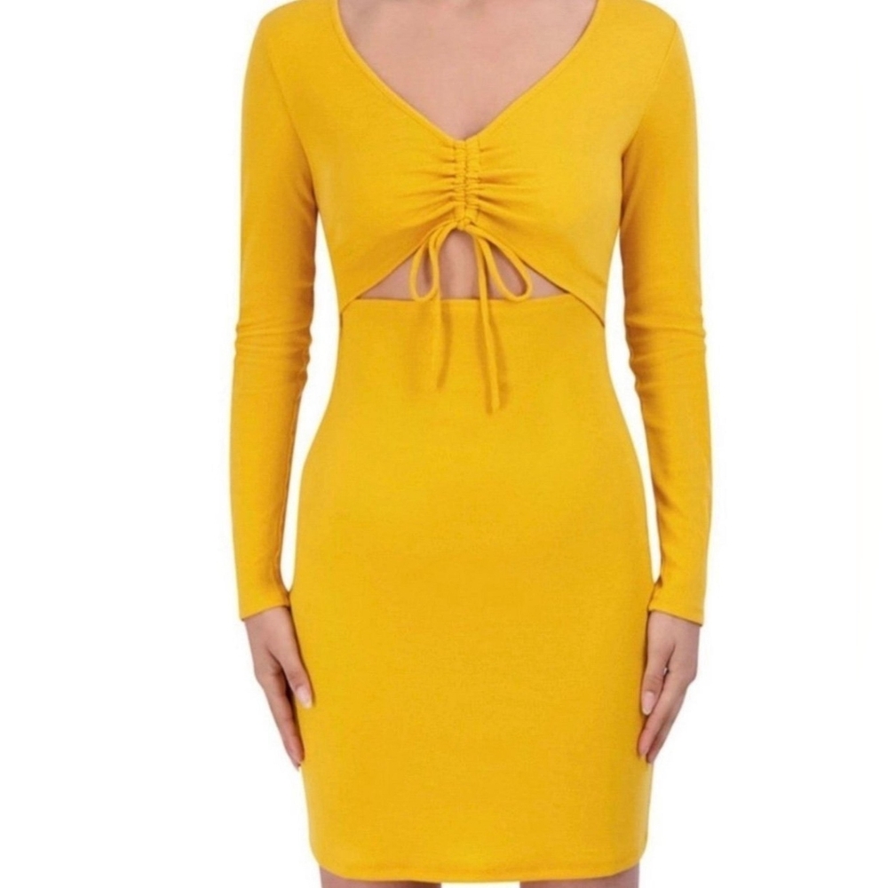 BCBG Yellow Long Sleeve Ruched Bodycon Dress With Cutout